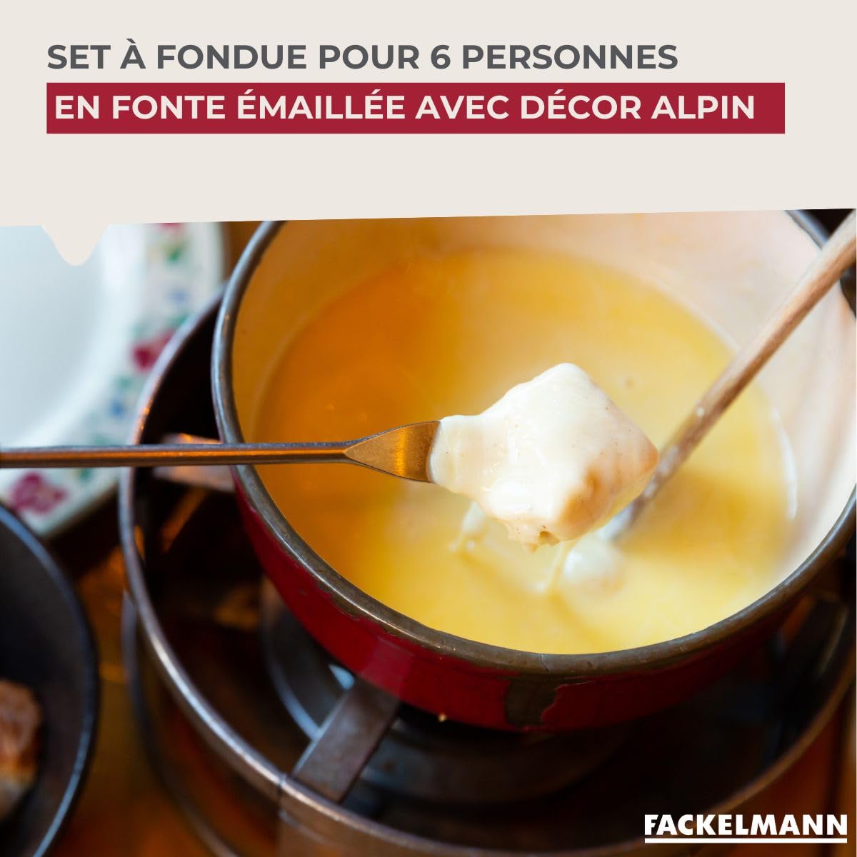 Fackelmann 686949 Service à fondue savoyarde pour 4 personnes, fondue bourguignonne, 1 caelon, 1 poêle, 1 brûleur 6 fourchettes, fonte émaillée, acier inoxydable, bois, rouge, diamètre 21 cm, 1,8 l