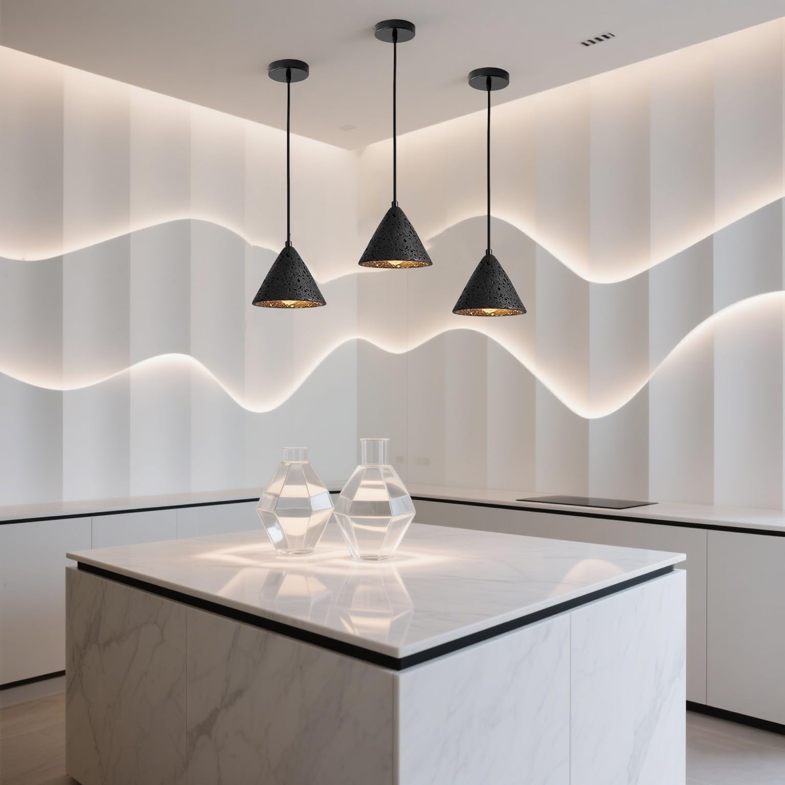 Lampada a sospensione a cono nero, lampada a moderna regolabile for isola cucina, apparecchio di illuminazione a soffitto sospeso in pietra nera naturale industriale