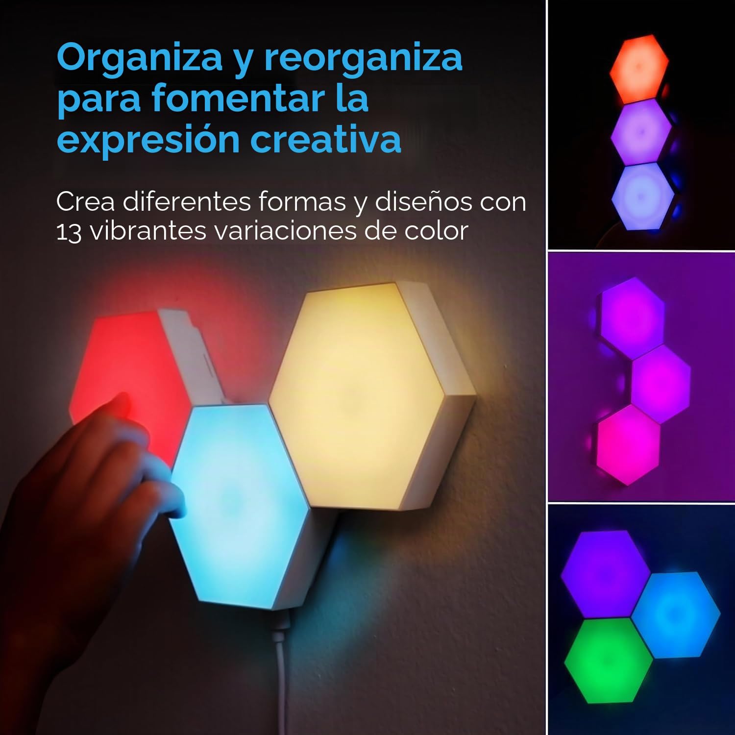 Emberela HEXlights - Luces sensoriales para niños, 3 unidades hexagonales táctiles, azulejos de luz controlados a distancia, luces de pared