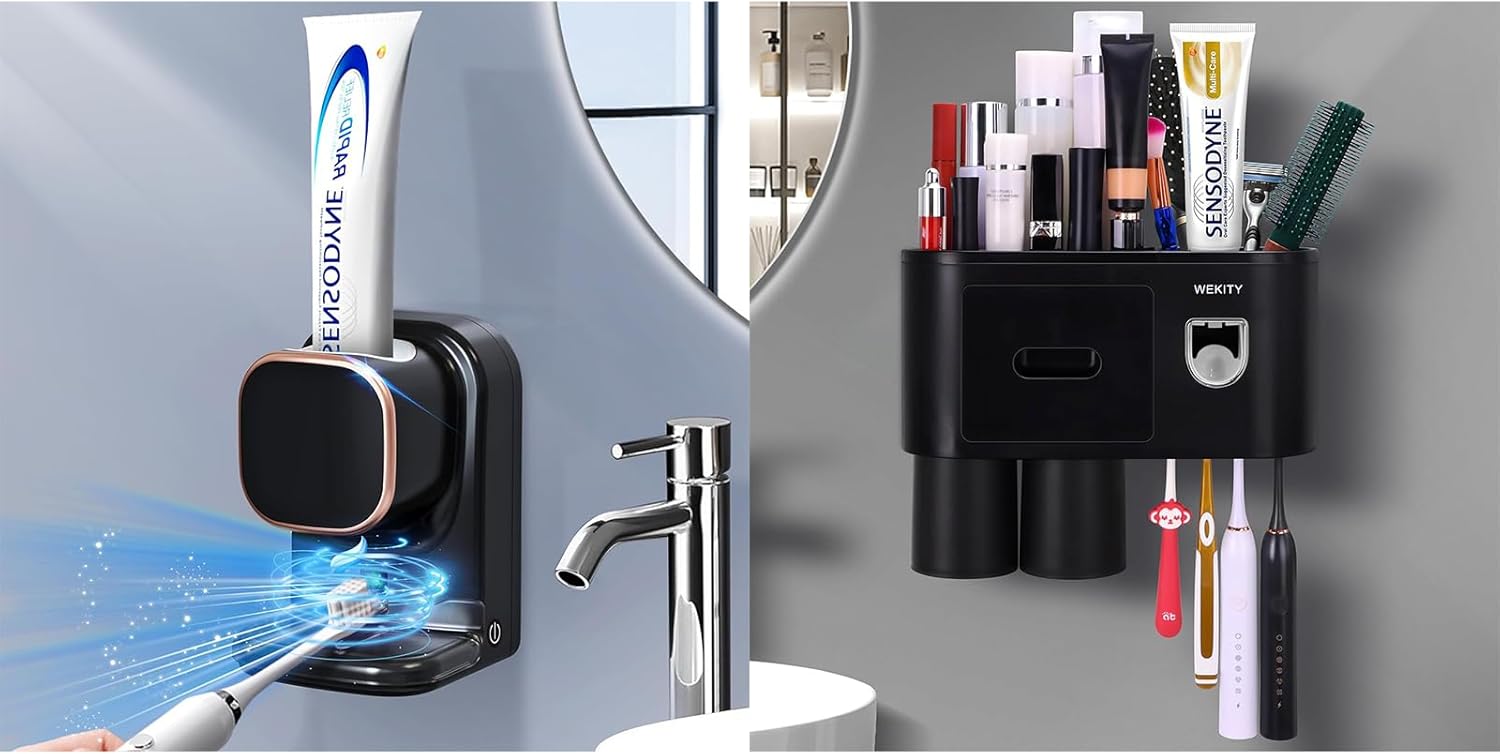 Toothbrush Holder Wall Mounted with 2 Cups for Bathroom,Automatic Toothpaste Dispenser,Wall Mounted Electric Toothpaste Dispenser with 3 Toothpaste Slots