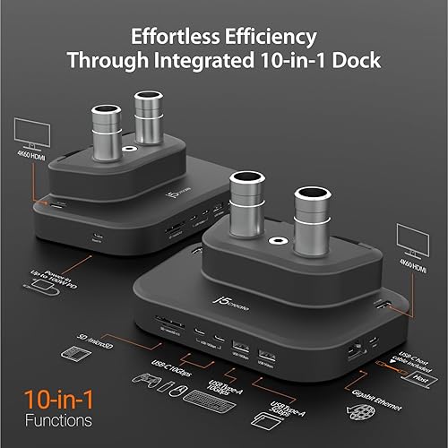 Miniatura 2 de j5create Soporte para monitor doble con estación de acoplamiento 10 en 1, soporte de escritorio para monitor totalmente ajustable para 2 pantallas