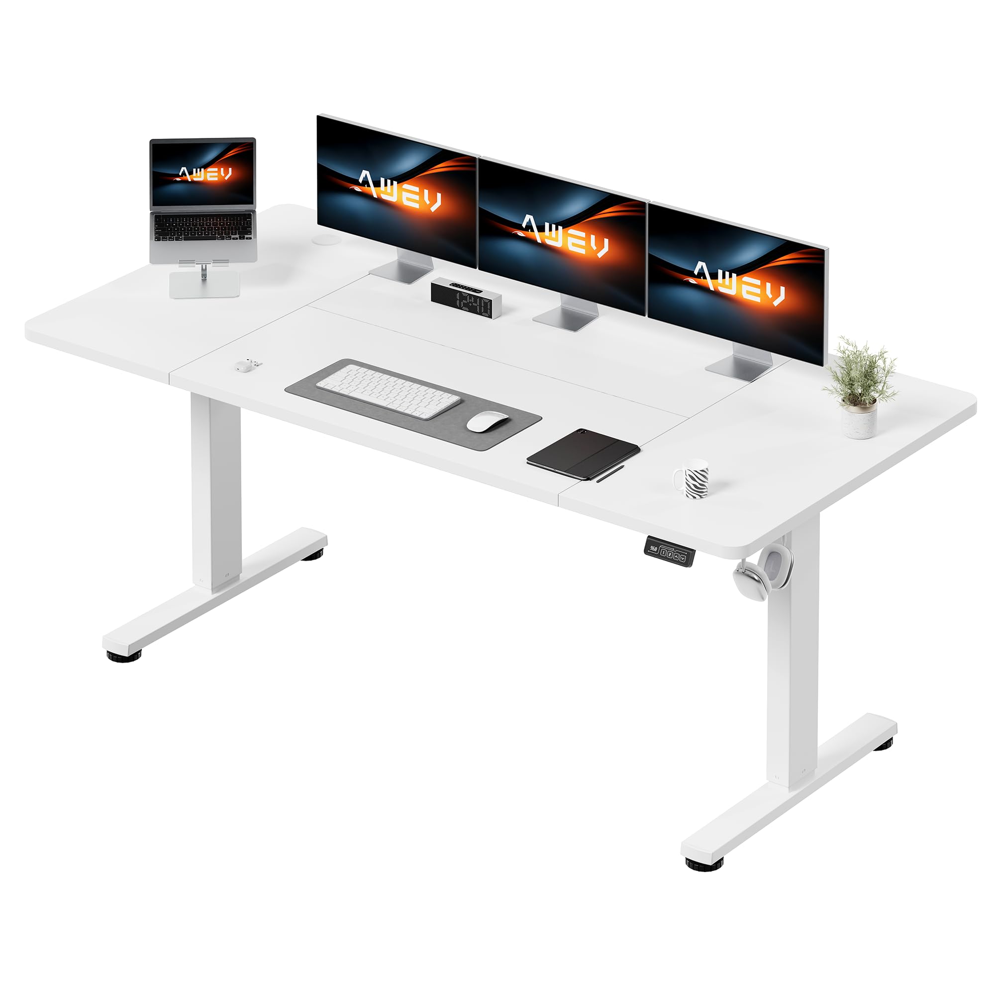 AWEV Electric Standing Desk 180 x 80 cm, Height Adjustable Sit Stand Desk with Backpack Hook & Memory Smart Pannel, Home Office Desk, White โ image 1