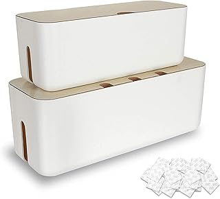 AHUNTTER 2PCS Cable Management Box Cable Tidy Box, Cable Tidy Storage Box for Home Office, White Cord Hider Box, Wire Cord Organizer with for Desk TV Computer USB System - Large & Small, Wood Grain