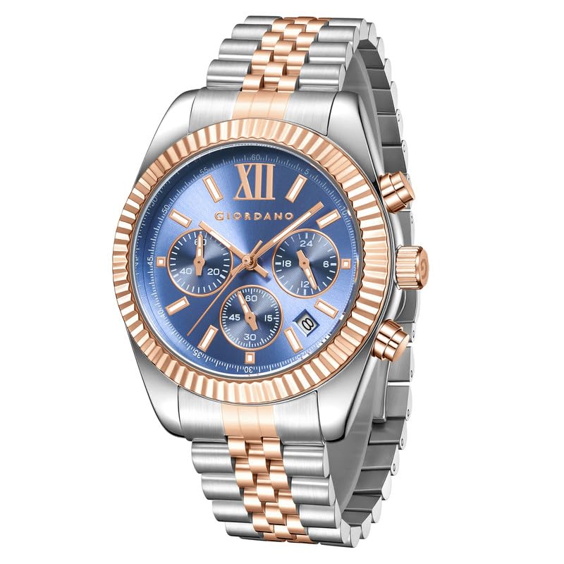 Image of Giordano Chronograph Watch for Men with Round Sunray Dial, Quartz Movement, Three Sub-Dials, Date Display, Roman Numeral Marker, Stainless Steel Strap - GZ-50217