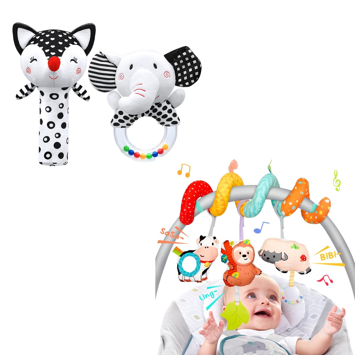 XIXILAND High Contrast Baby Rattles 0-6 Months & Colorful Farm Car Seat Toy Stroller Toys, Infant Toys Baby Toys 0-6 Months Newborn Toys 0-3 Months, Baby Toys for 0 3 6 9 12 Months Girls Boys