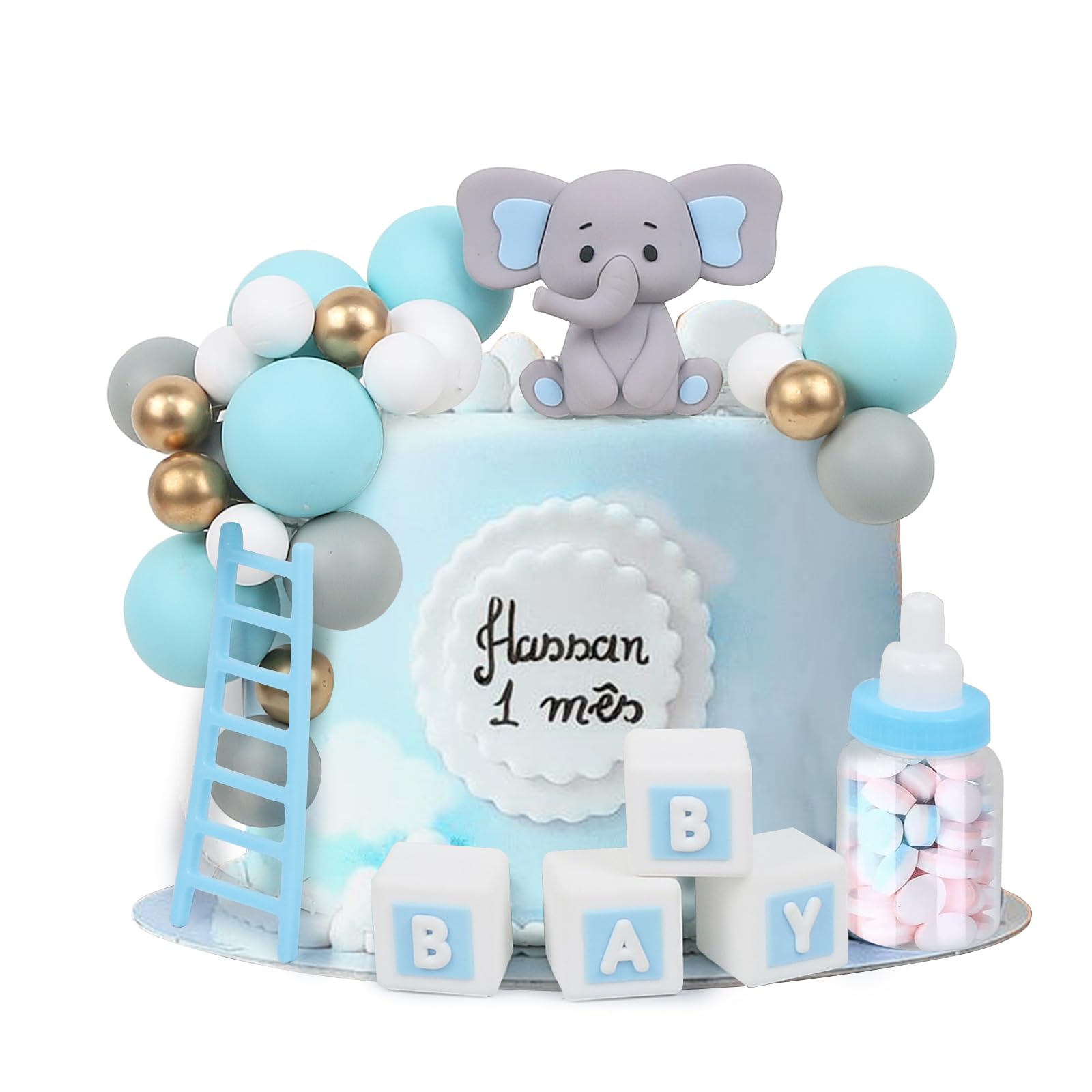 LARDUX 24 Stück Tortendeko: Elefant Babyparty Kuchen Deko, Cake Topper DIY Kugeln für Baby Junge Mädchen Geburtstag Party Elefant Baby Dusche Kuchen Dekor - Blau