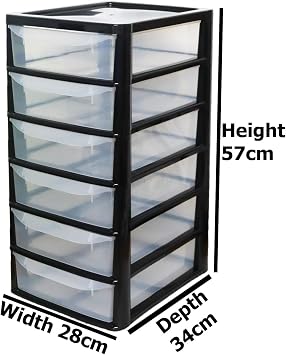 A4 Plastic Slim Storage Drawers Tower Unit Office Desktop Tabletop Home School Garage Portable Desk Organizer 2|3|4|6|8 Tiers (A4 Plastic Small Black/Clear) (Black/Clear, A4 Slim 6 Drawers)