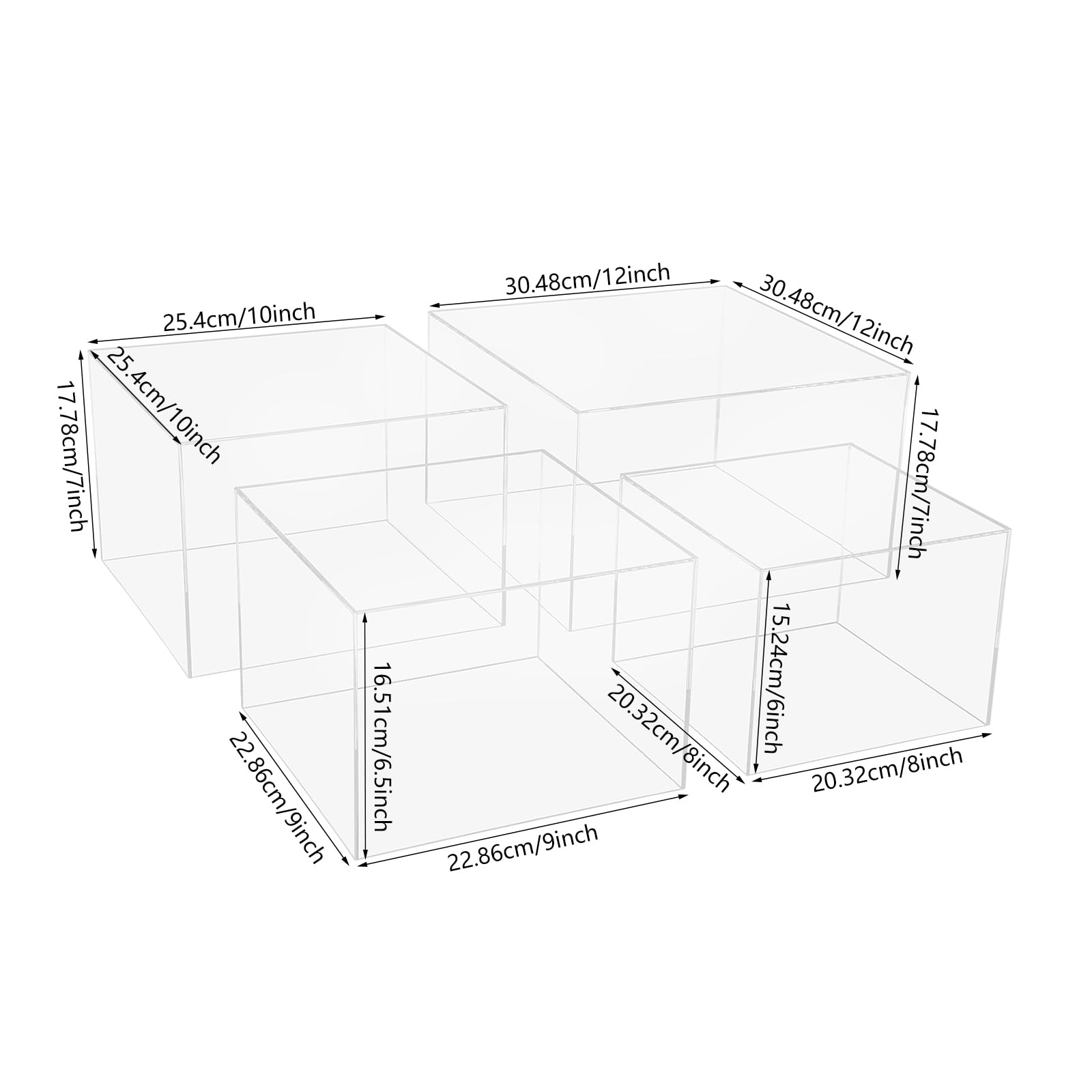 Juego de 4 soportes para tartas de acrílico transparentes, cuadrados y en 4 tamaños (8, 9, 10, 12 pulgadas), apilables para cupcakes, para bodas, cumpleaños, versátiles placas de presentación para