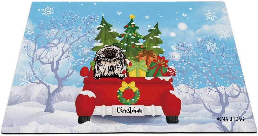 Happy Winter Dog Doormat Peeking Dog Great Dane in Red Retro Truck Snowflake Christmas Mat for Home Decor 23.6 x 15.7 Inch