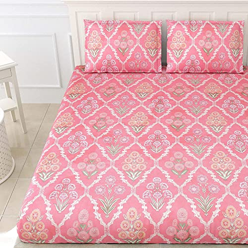 Image of DECOMIZER Glace Cotton King Size AC Comforter - Blanket & Duvet with 1 King Size Elastic Fitted Bedsheet 72 inchX78 inch & 2 Pillow Covers - 4 Piece Comforter Set - Pink Jaipuri-300 TC Super Soft