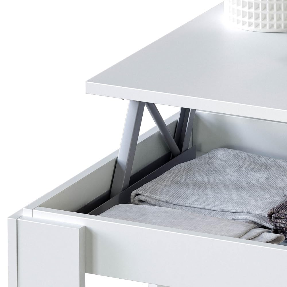 Habitdesign – Mesa de Centro Elevable con Revistero para Salón o Comedor, Mesa de Café con Revistero, Color Blanco Artik, 102x50x43–54 cm - Modelo Ambit