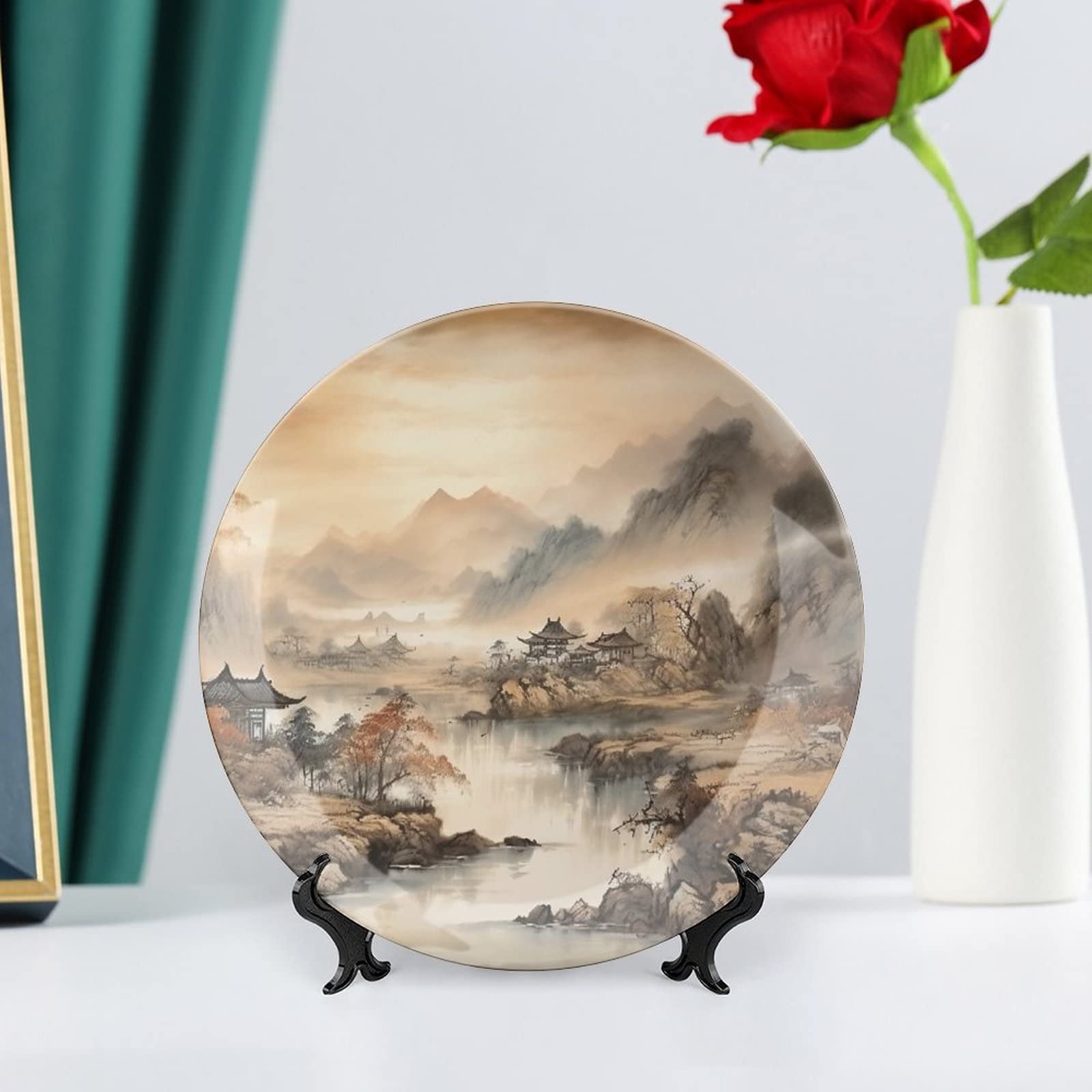 Decorative Plates for Home Decor, Ancient Chinese Mountain Landscape Ink Painting Decor Tray for Table Display, Ceramic Dinner Plate w/Stand, Kitchen
