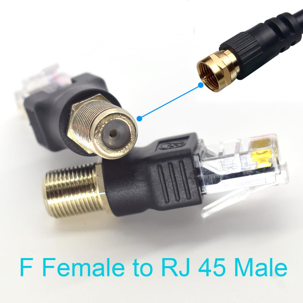 RF auf RJ45 Konverter-Adapter, F-Buchse auf RJ45-Stecker, Koaxialkupplung, Adapter, Koax, gerader Stecker, Schwarz, 2 Stück