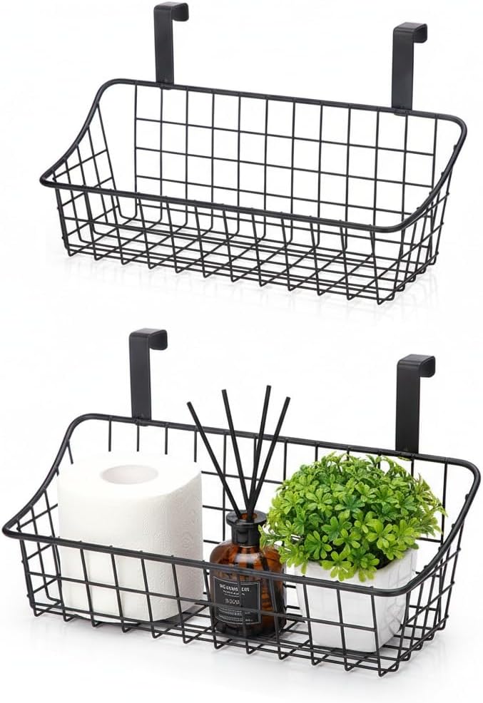 Basket with hook Grid Storage Basket, Hang it behind a door or on a railing, Over the Cabinet Door, Small, BLack,2 Pack