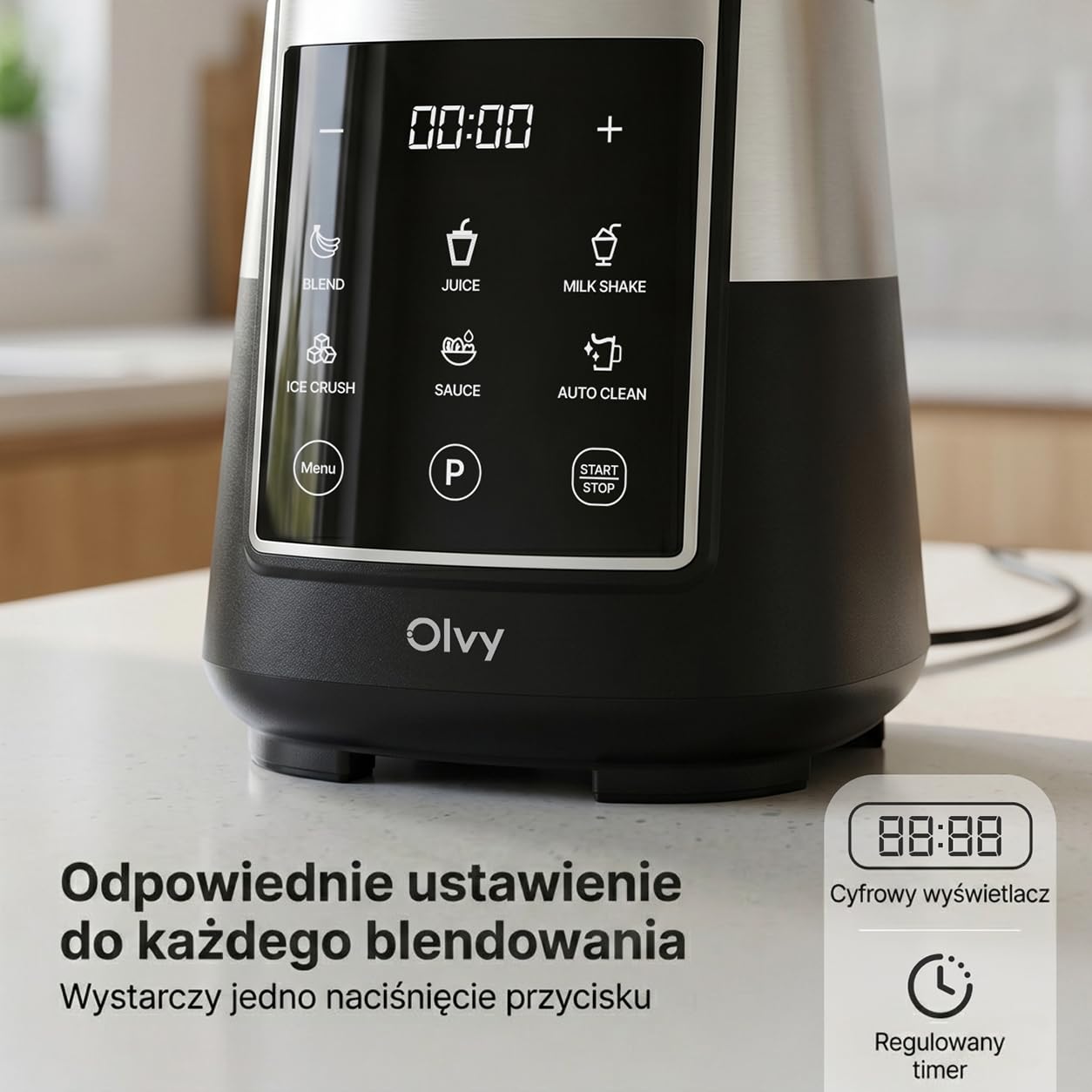 Olvy Blender Smoothie Maker 1500ml Szklany To-Go Timer LED 6 Noży-Black