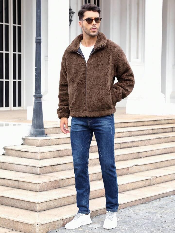Image of BE SAVAGE Solid Sherpa Oversized Jacket Woolen Long Sleeves Zipper Hoodie For Men's