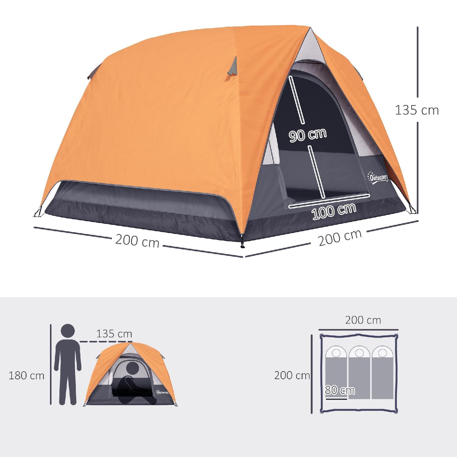 Tenda Campeggio 3 Posti Impermeabile con Tasca Gancio per Lanterna e Borsa 2x2x1.35m Arancione