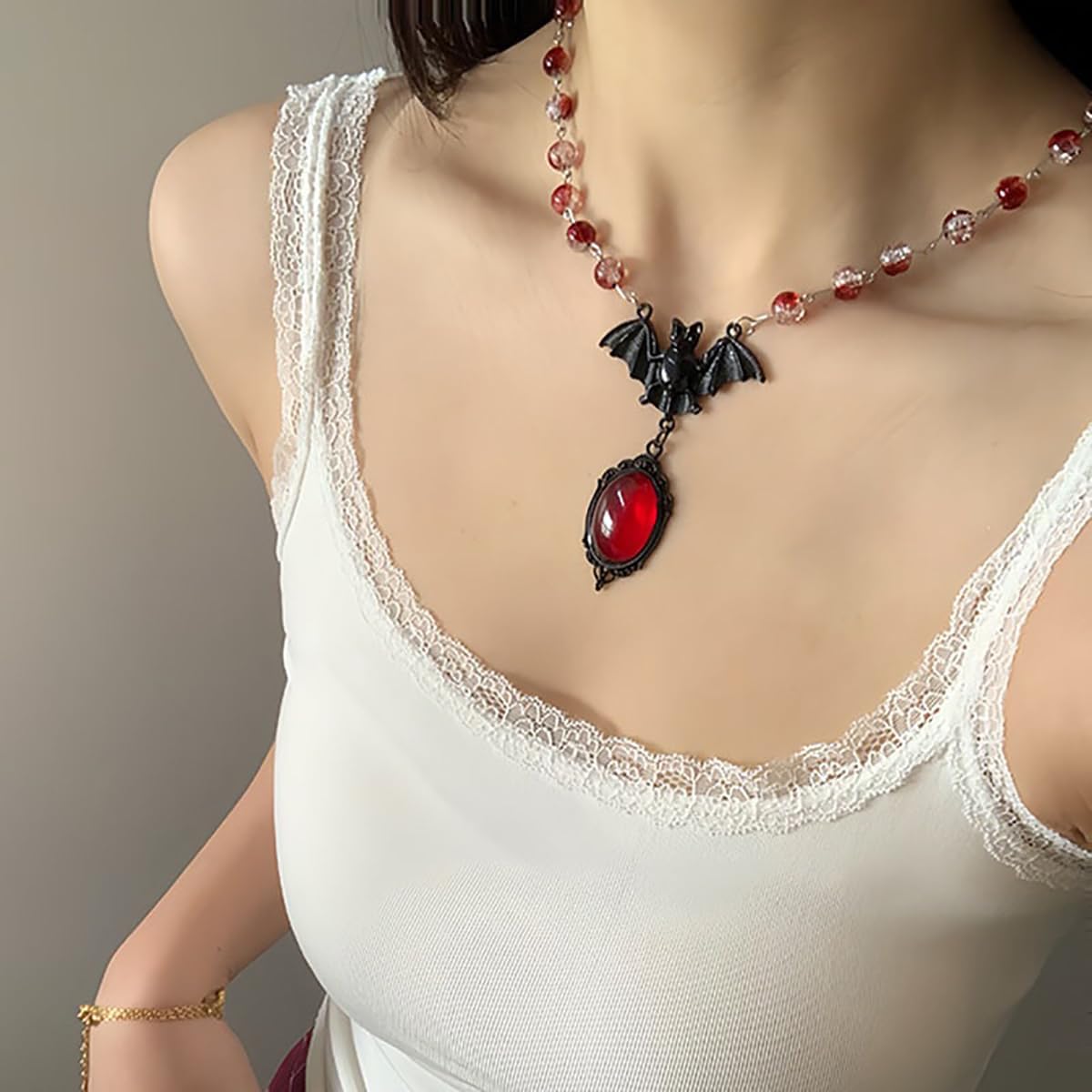 MIFYNN Gothic Bat Crystal Pendant Necklace for Women Halloween Blood Bead Necklace Vintage Punk Style Necklaces Goth Vampire Necklaces Dark Mystic Witch Jewelry Accessories - Image 3