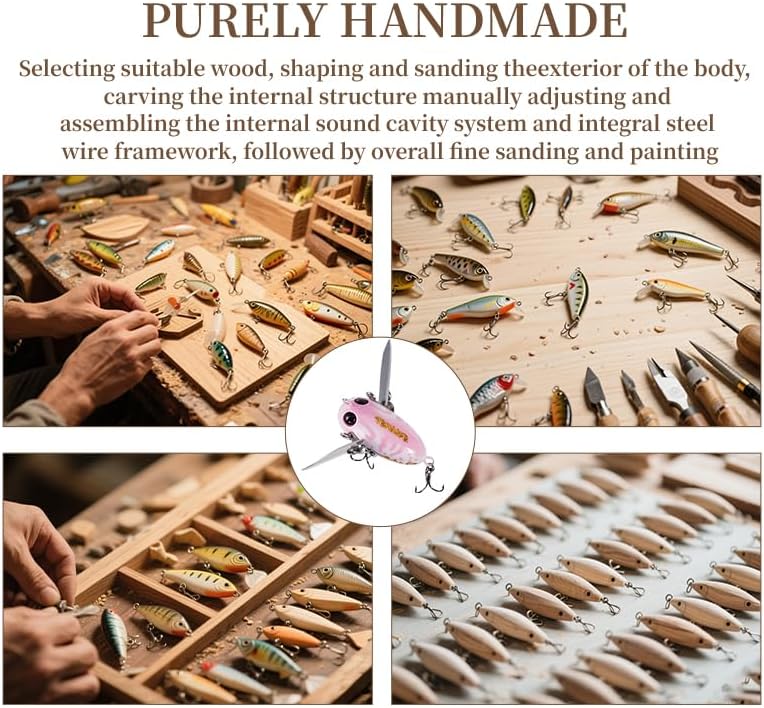 Handmade Pufferfish Lure | 1.33'' Pink Rattling Swimbait for Bass | 1/6oz Weedless Slow-Sink Vibration Bait | Freshwater Multi-Species Lure w/Stainless Hooks (Trout/Pike/Crappie)