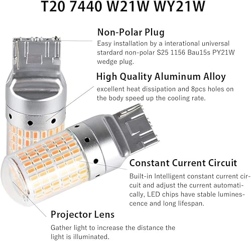 Miniatura 2 de 1797 T20 7440 Bombillas LED de señal de giro W21W WY21W sin errores, sin anti hiperflash, ámbar amarillo, lámparas traseras delanteras y traseras de