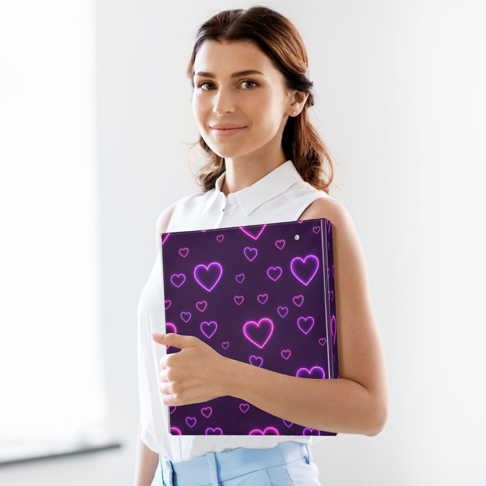 Neon Hearts Purple 3 Ring Binder Flexible D Ring Binder with Pockets 3 Ring Binder for School, College, Office (2 Pack)
