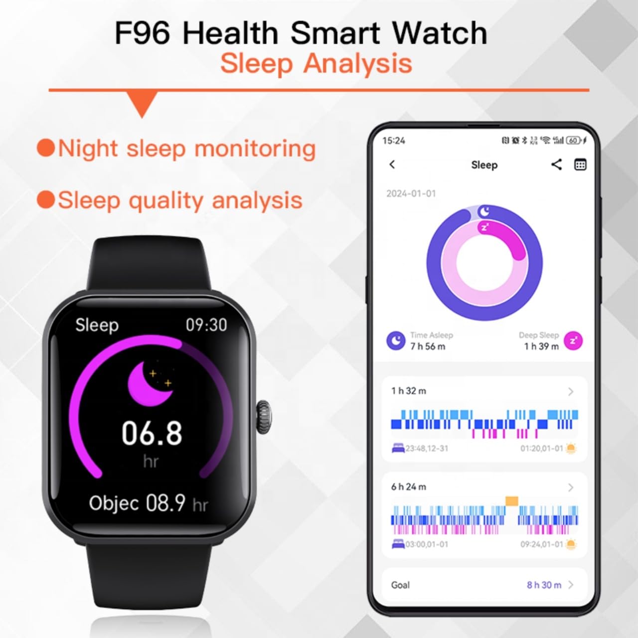 F96 Smart Watch displaying sleep duration and quality, with a smartphone app showing detailed sleep analysis including time asleep and deep sleep.