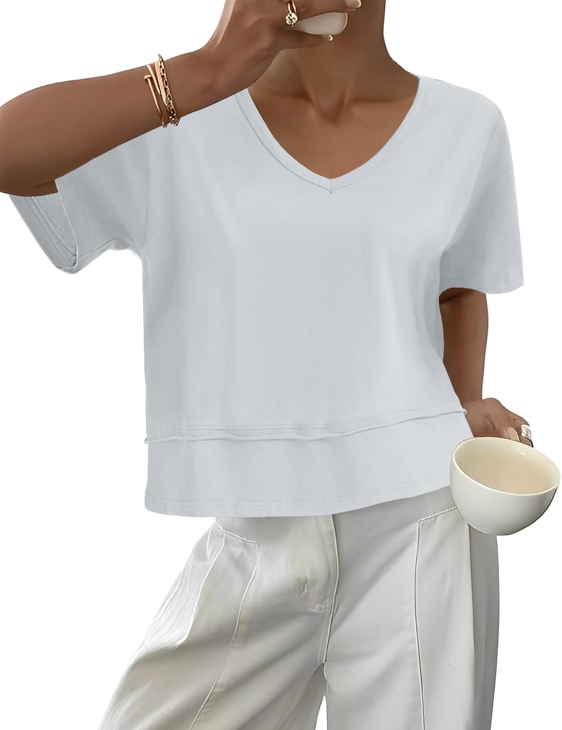 LOMON Womens V Neck Cotton T Shirts Summer Casual Cute Short Sleeve Flowy Fashion Tops Loose Fit Basic Tees - Image 2