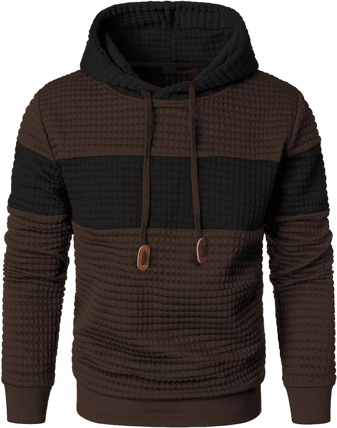Qichic Men’s Sweatshirts Long Sleeve Pullover Patchwork Plaid Jacquard Hoodie Casual Drawstring Hoody Top