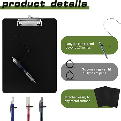 Miniatura 4 de Paquete de 2 portapapapeles magnéticos con bolígrafo adjunto, tablero de clip negro con portapapeles de tamaño carta de perfil bajo, 9 x 12.5