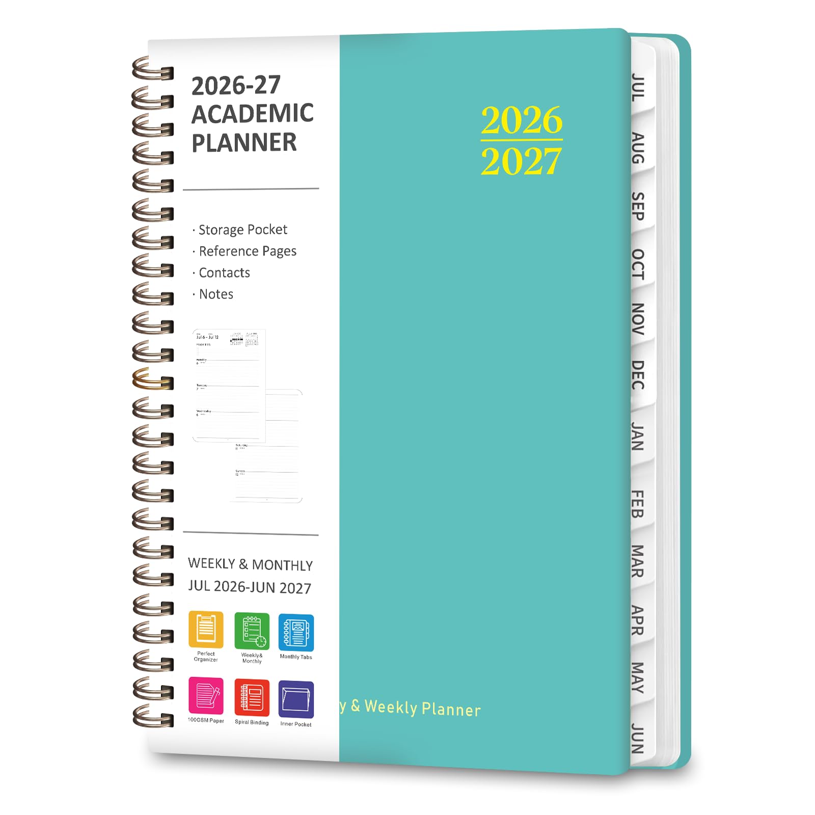 Planer 2026-2027, tygodniowy i miesięczny planer akademicki, lipiec 2026–czerwiec 2027, kalendarz w twardej oprawie, do planowania roku szkolnego, przybory szkolne dla nauczyciela i ucznia, A5 (16,3 x