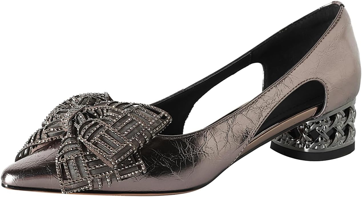 TinaCus Women's Rhinestone Bow Pointed Toe Pumps Genuine Leather Handmade Cutout Low Heel Dress Shoes