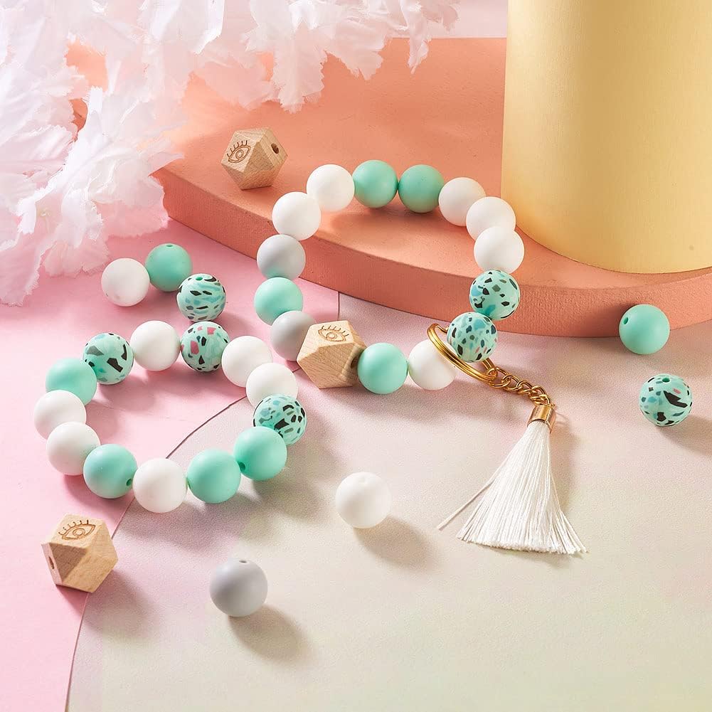 Cheriswelry 65 Pcs 15-16mm Round Silicone Beads Wood Octagon with Eye Beads Polygonal Beads Colorful Printed Silicone Loose Beads for DIY Bracelet Keychain Jewelry Crafts