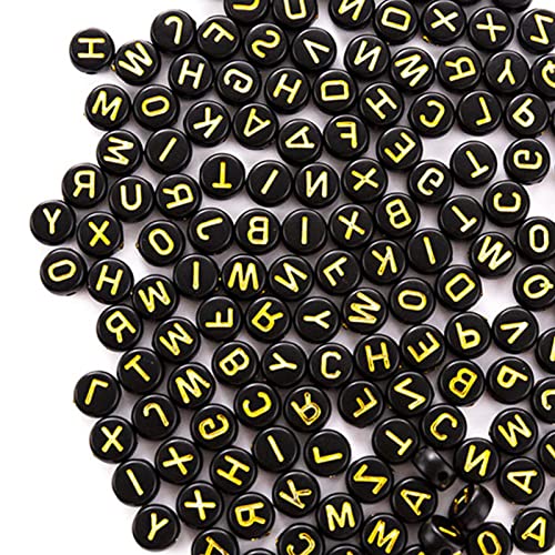HERZWILD 1000pcs Letter Beads: Acrylic Round Beads (4×7mm) Mixed Black with Gold Letters A-Z for Bracelet Choker