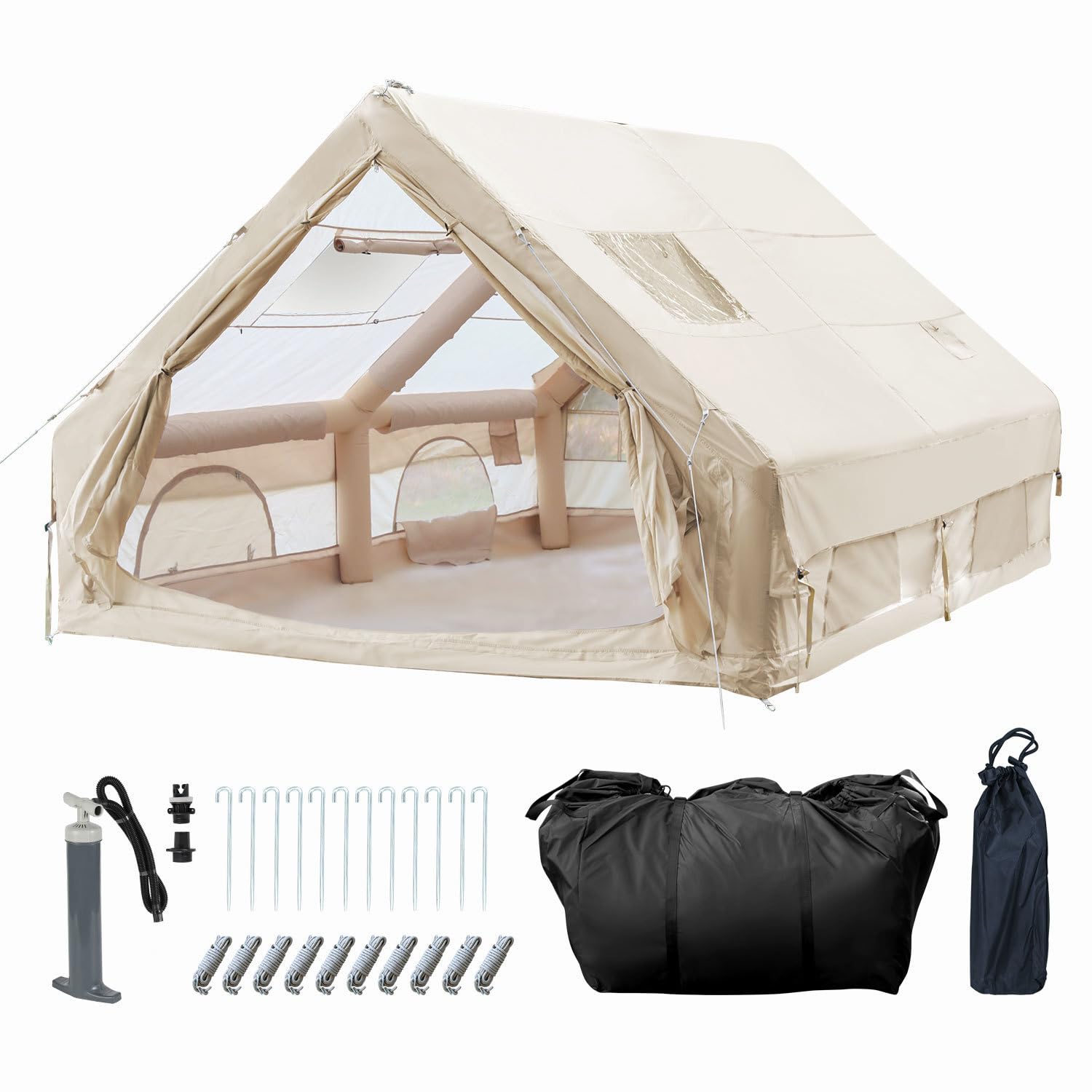 Aufblasbares Gampingzelt mit Kaminöffnung & Dachfenster, Glamping Zelt für Outdoor, Aufblasbares Zelt aus Wasserdichtem Oxford-Stoff 4 Saison, Fenster & Türen mit Mesh