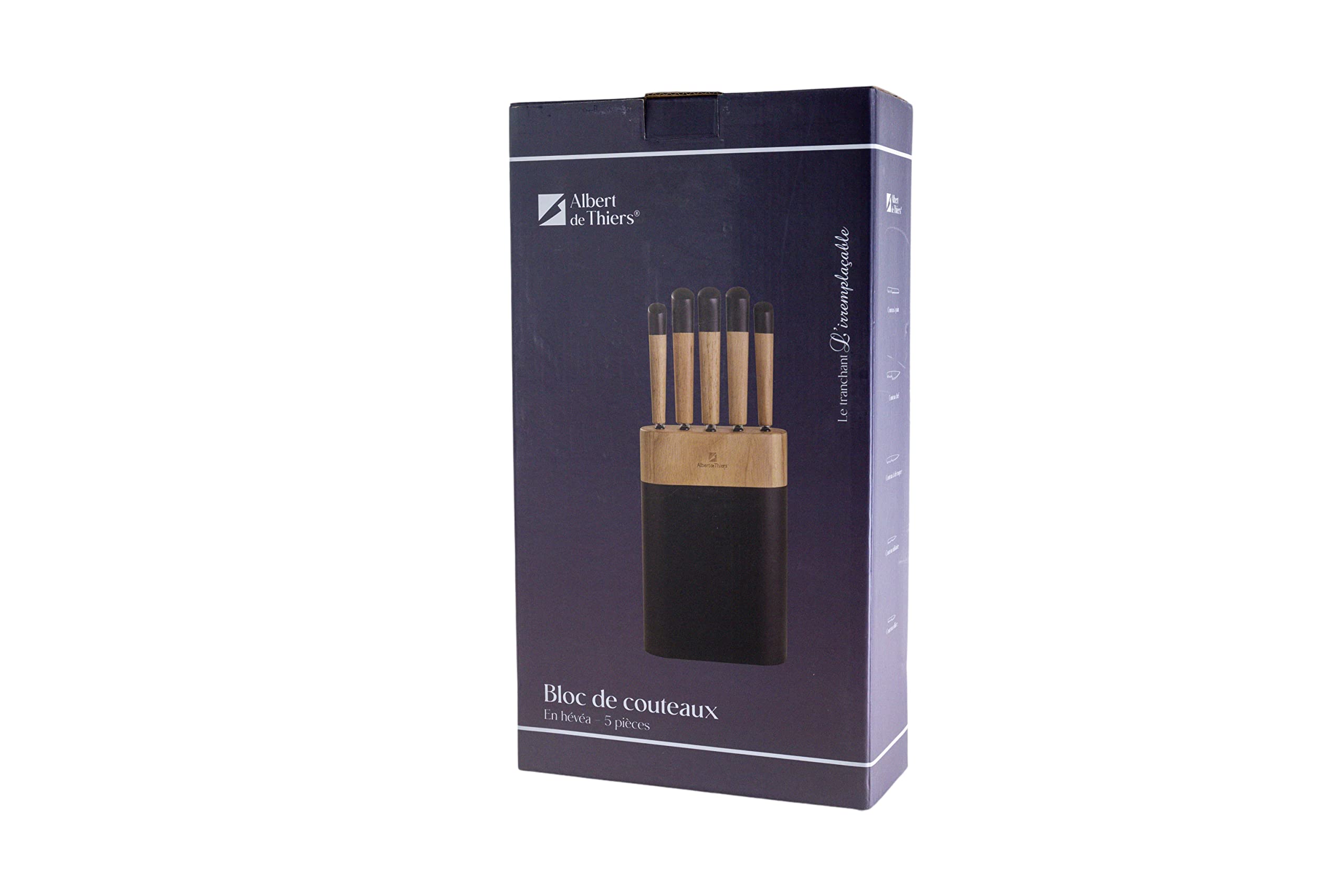 Albert de Thiers - Bloc de Couteaux L'Irremplaçable - 5 Couteaux en Acier Inoxydable 2Cr14 Gravé - Manches en Bois d'Hévéa - Bloc 15x22x7 cm - Lames Tranchantes et Durables - Boîte Cadeau Élégante