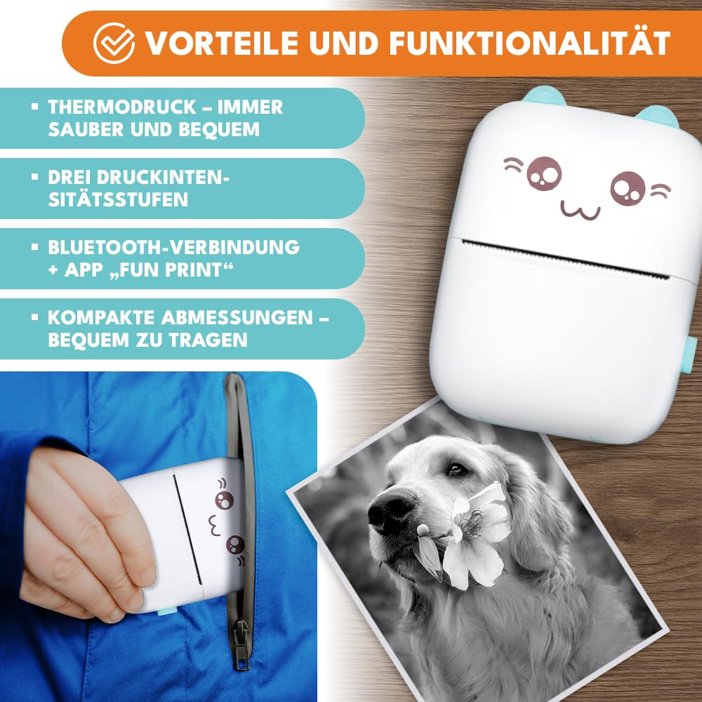 KRUMAD Mini stampante wireless, stampante termica portatile Bluetooth, 200 DPI, stampa fotografica, compatta, perfetta come regalo per adolescenti e stampa di foto per telefono