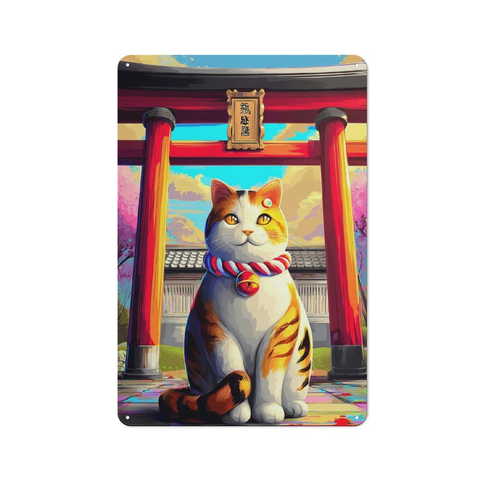 Japanese Torii Gate with Calico Cat Vintage Metal Wall Decor 30x20cm, Vintage Tin Sign for Bakery, Diner, Cafe Or Family Room