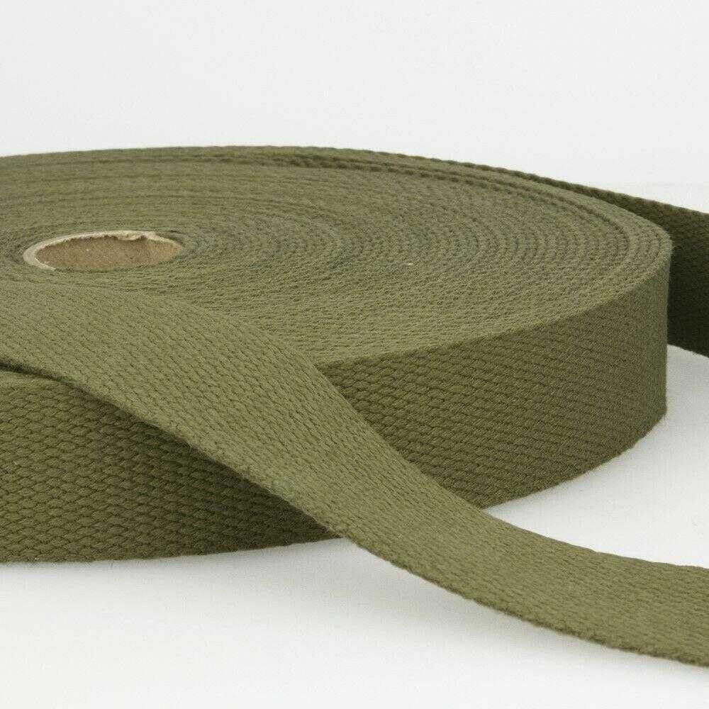 25mm Cotton Webbing 2mm Strap 231D, 053 Dark Olive Khaki Green, 1 Metre