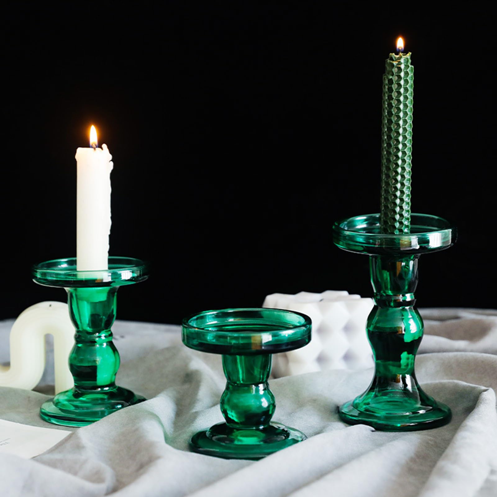 Dekoratives Glas Kerzenhalter Set, 3-teilig, römische Säulen Designs, Kerzenständer für abendliche Tischdekorationen, Glas Kerzenhalter