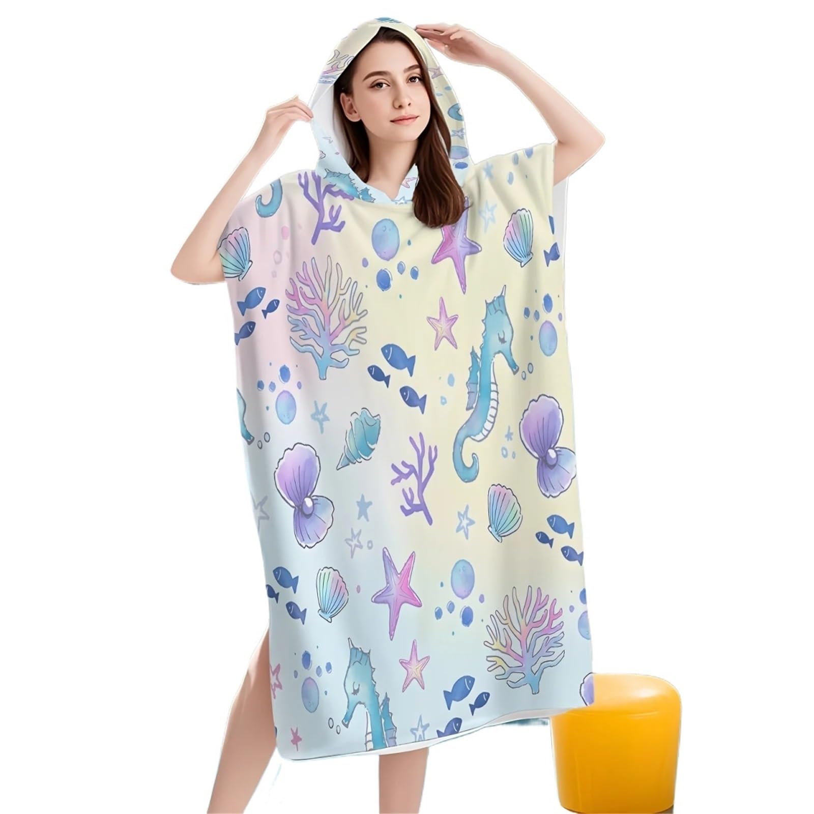 ATEUXOL Quick-drying Surf Poncho 1pc Seahorse Surf Poncho Towel, Quick-Dry Polyester Hooded Beach Robe, Adult Changing for Surfing, Swimming & Trips(60X60cm)
