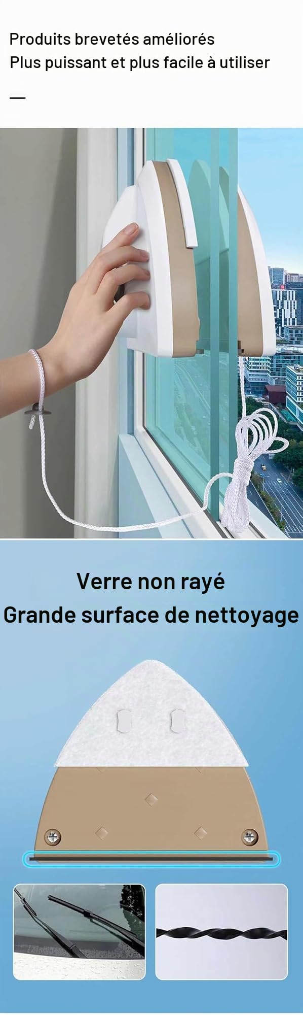 Nettoyant magnétique pour vitres, outil de nettoyage à double face, construction en ABS et caoutchouc, pour une épaisseur de verre de 8-15 mm, avec corde de sécurité (1, Bleu)