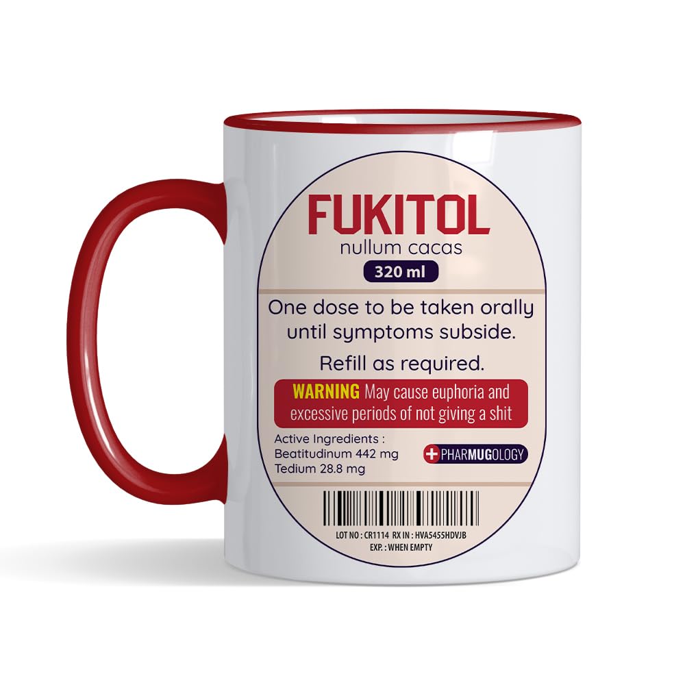 Crunchy Carrots Fukitol Mug - Prescription Medicine, Pharmacology 11 oz Coloured Rim and Handle Ceramic Coffee Mug for Doctors, Nurses, Assistants, Healthcare Workers, Surgeons (Red Rim)