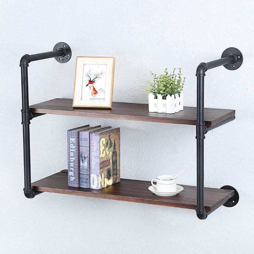 JIANZHUO Industrial Pipe Shelving Floating Shelves,Rustic Wall Shelf Wood Hanging Shelf, Pipe Shelves Wall Mounted,Bookshelves Shelving Bookshelf (2 Tier,30in)