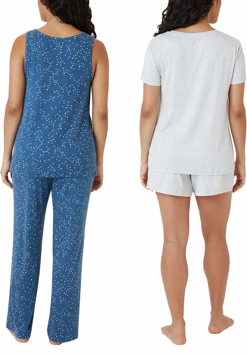 Eddie Bauer Damski 4-częściowy zestaw do spania, tank , koszulka, szorty, spodnie, Szary/niebieski, XS