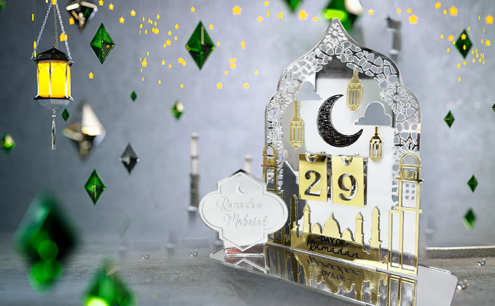Calendrier de l'Avent Ramadan Mubarak, Compte à Rebours Eid Kareem en Acrylique pour la Maison, le Bureau et les Décorations de Table, Pièces Maîtresses pour la Fête Musulmane Al-Fitr
