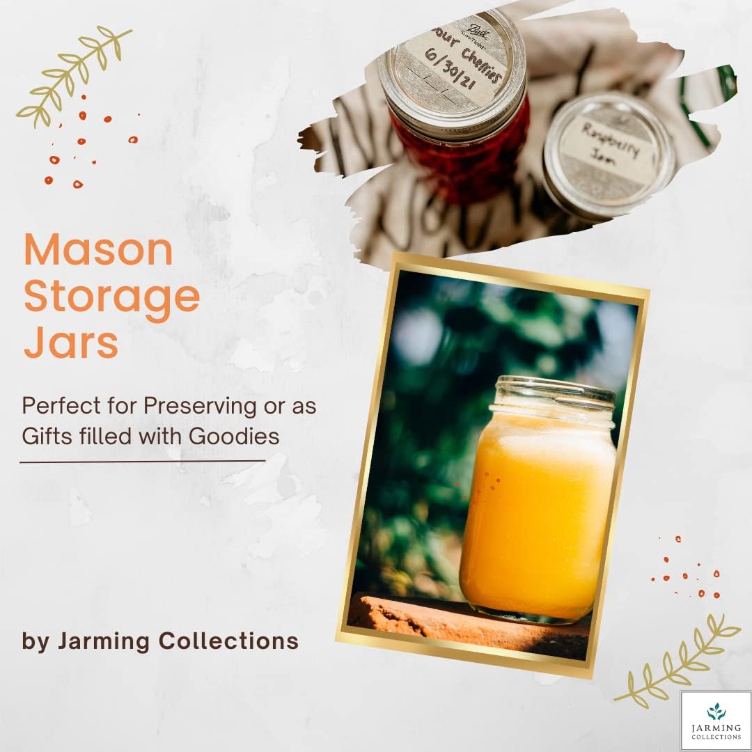Jarming Collections Mason Jars 16 oz - Glass Jars with Plastic Lids- Glass Storage Jars with Regular Mouth Lids- Jars with Lids- Canning Jars, Pint Jars- Set of 2, 16 oz Mason Jars, Black Lids