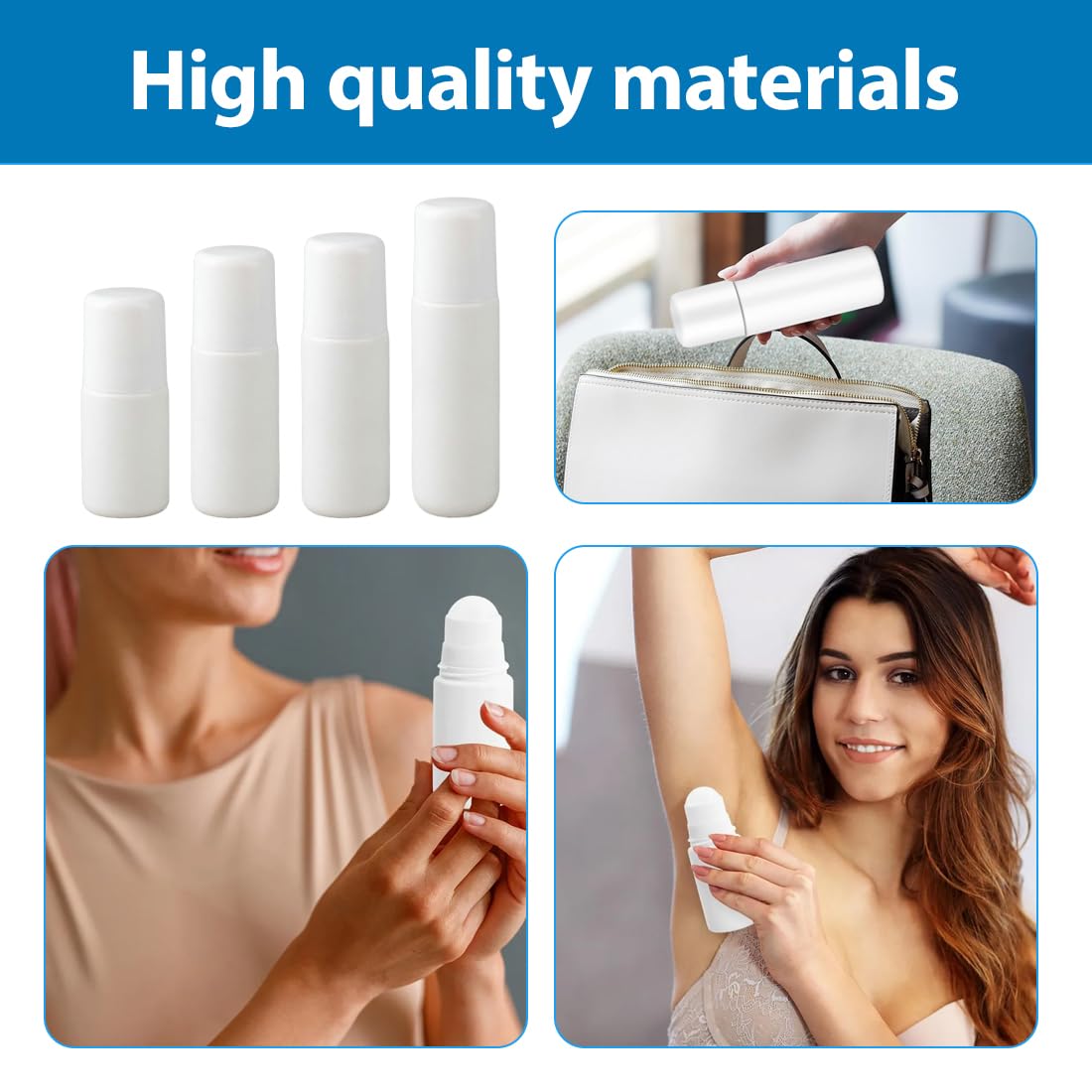 4 envases roll on rellenable, fáciles de aplicar y retirar (30/50/60/80 ml)