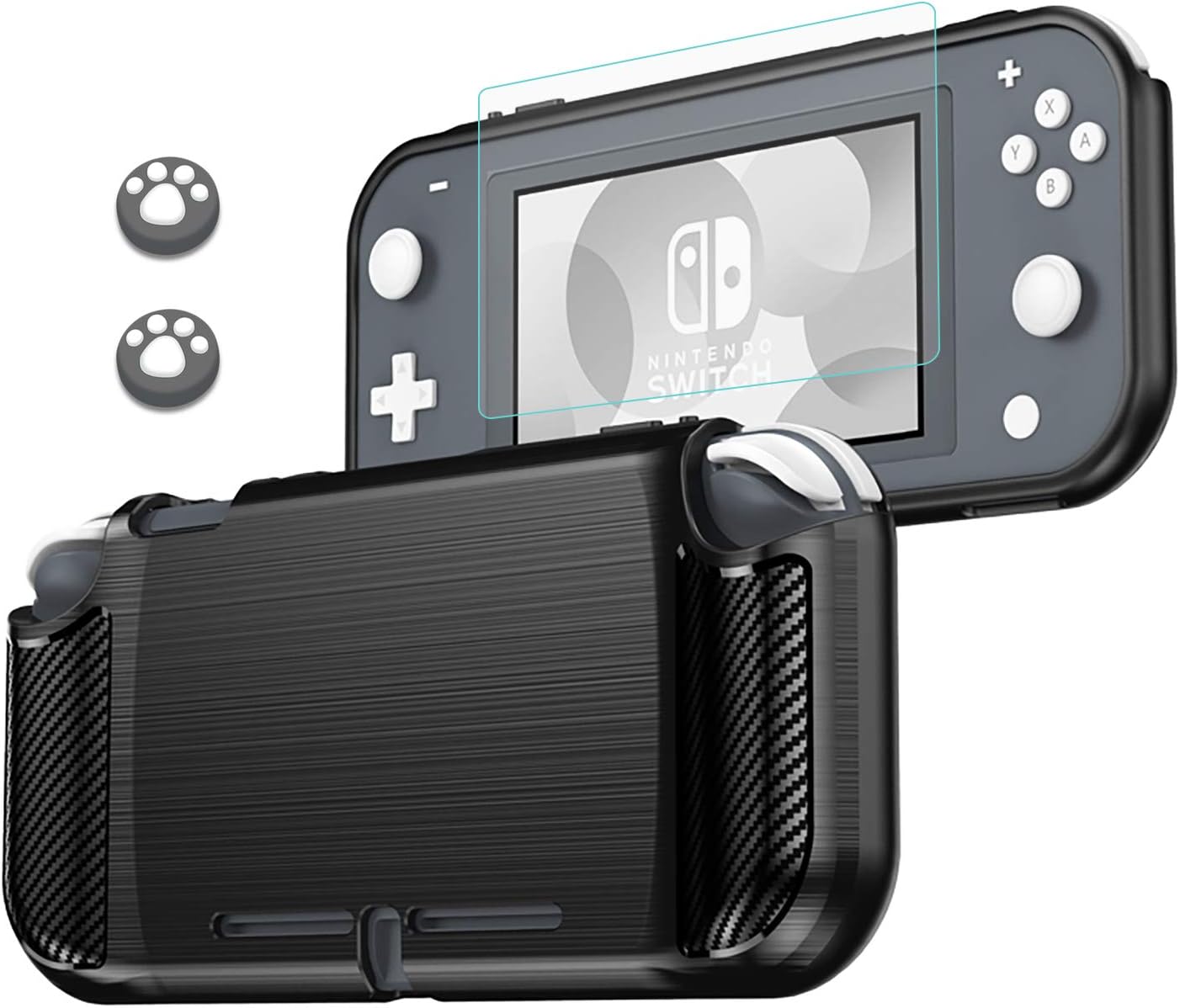 Lammcou Protective Case for Nintendo Switch Lite Cover Kit & 9H Tempered Glass Screen Protector Film & Cat Claw Design Thumb Grip Caps for Nintendo Switch Lite Caso - Black