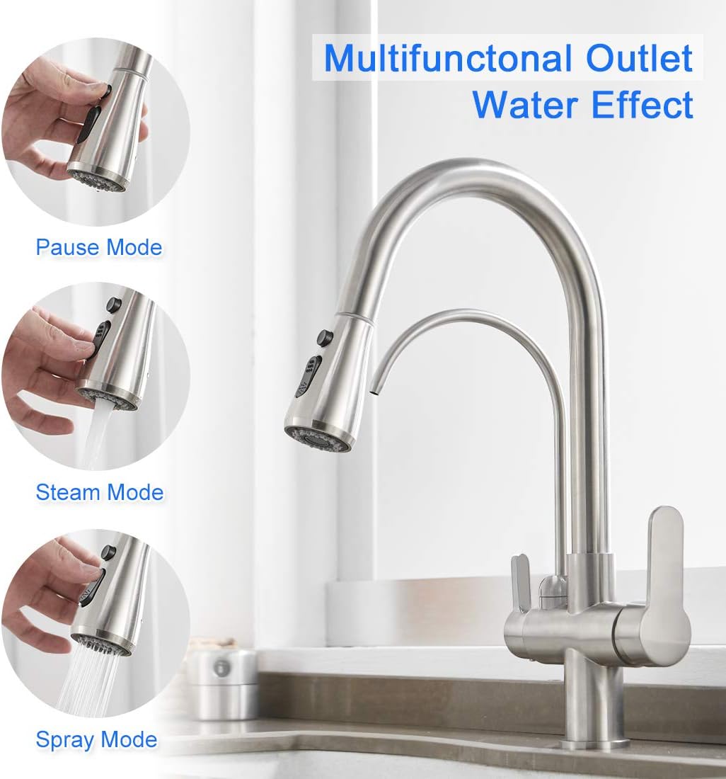 Crаzу Clеаrаnсе MENATT Filter Kitchen Faucet with Drinking Water Faucet, High Arc Pull Down 3-Way Kitchen Faucet, 3 in 1 Sink Cold and Hot Mixer Tap (Brushed Nickel)