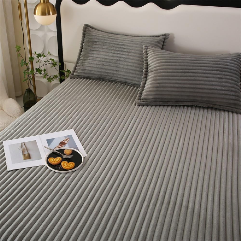 Lujosa sábana bajera de franela gris de 180 x 200 cm, ropa de cama de felpa suave para invierno, funda de colchón cálida y acogedora solución para dormir, se adapta a colchones de hasta 25 cm de